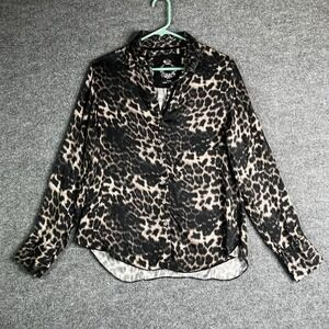 CINO Long Sleeve Top Women Large Cheetah Leopard Button Down Brown Black Viscose